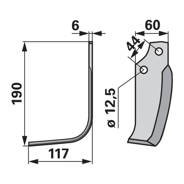 Nož freze Maschio 190/60/44/fi12.5/6 (levo), kat. br. 6222 — PlugekS